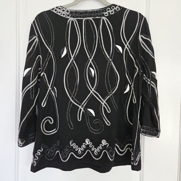 Once Again Women's  Large Black & White 3/4 Sleeve Pullover Top Fancy Dressy‎ - Picture 5 of 8